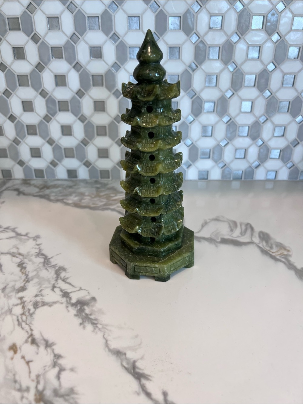Pagoda Green Jade Statue Fengshui Ornament 7.5" Tall